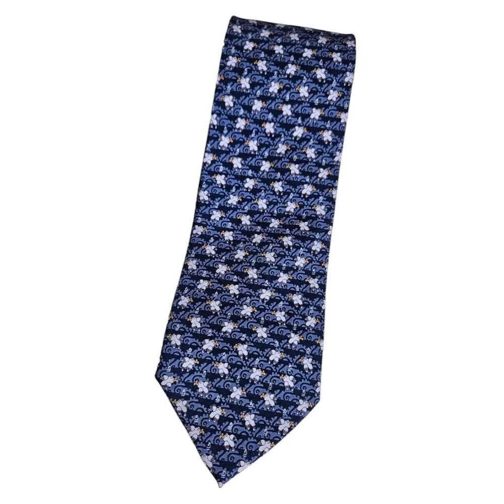 PINEDA COVALIN Men's Silk Necktie LUXURY Tie Blue Prehispanic Fish W:3.7" EUC